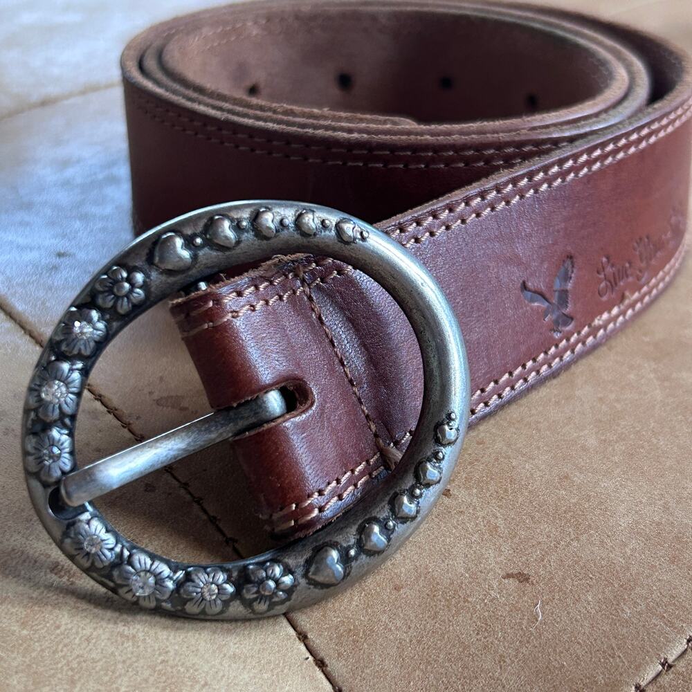 Y2K Leather Belt Womens M Western Fairy Floral Hearts Brown Boho American Eagle